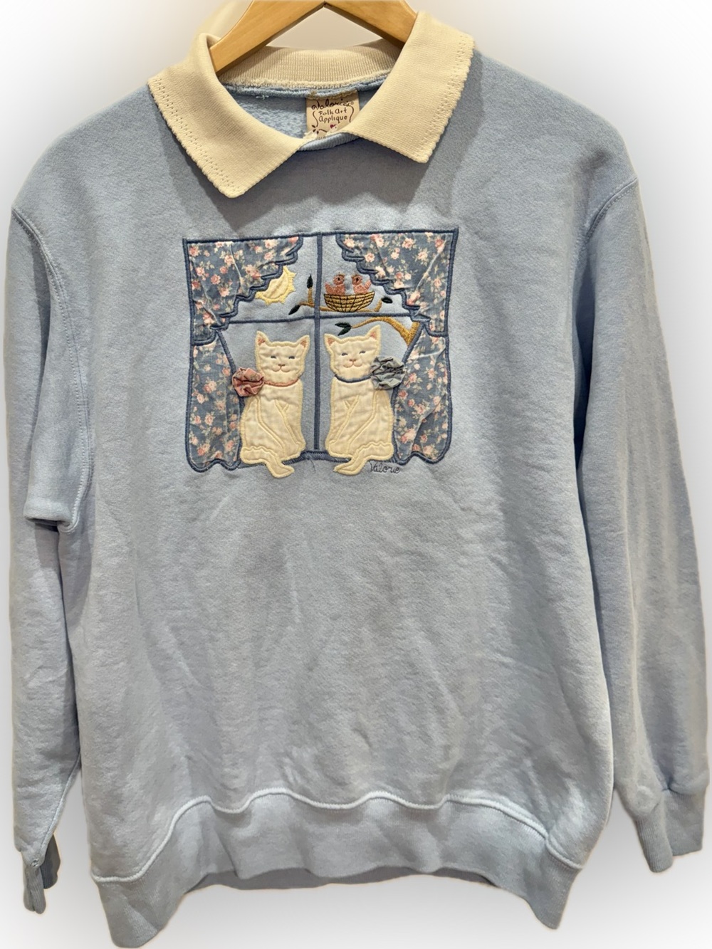 Vintage Cottagecore Cat Folk Art Applique Collared Crewneck Sweater, L/XL